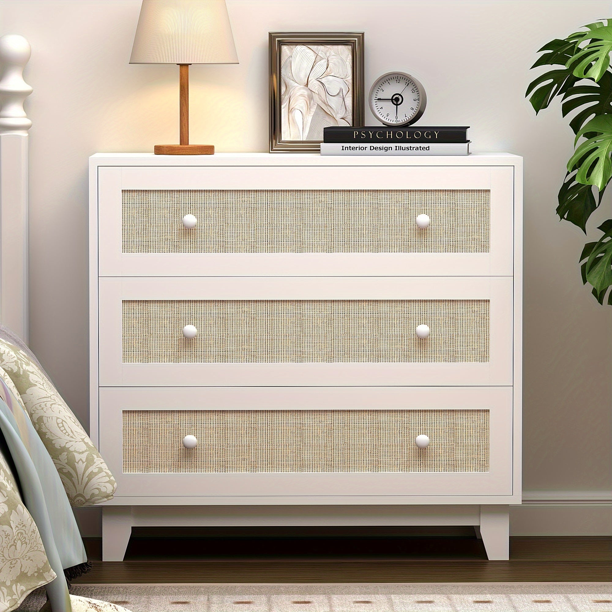 Rattan Drawer Dresser with 3 drawers Boho Small Chest of Drawers- Large Storage and Sturdy Contruction Natural Rattan