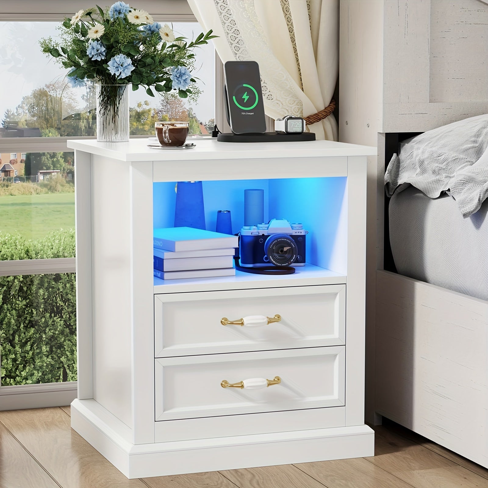 Modern Farmhouse Nightstand with Built-In Charging Station & LED Lights - Space-Saving, Polished Finish, Remote Control - Black/White