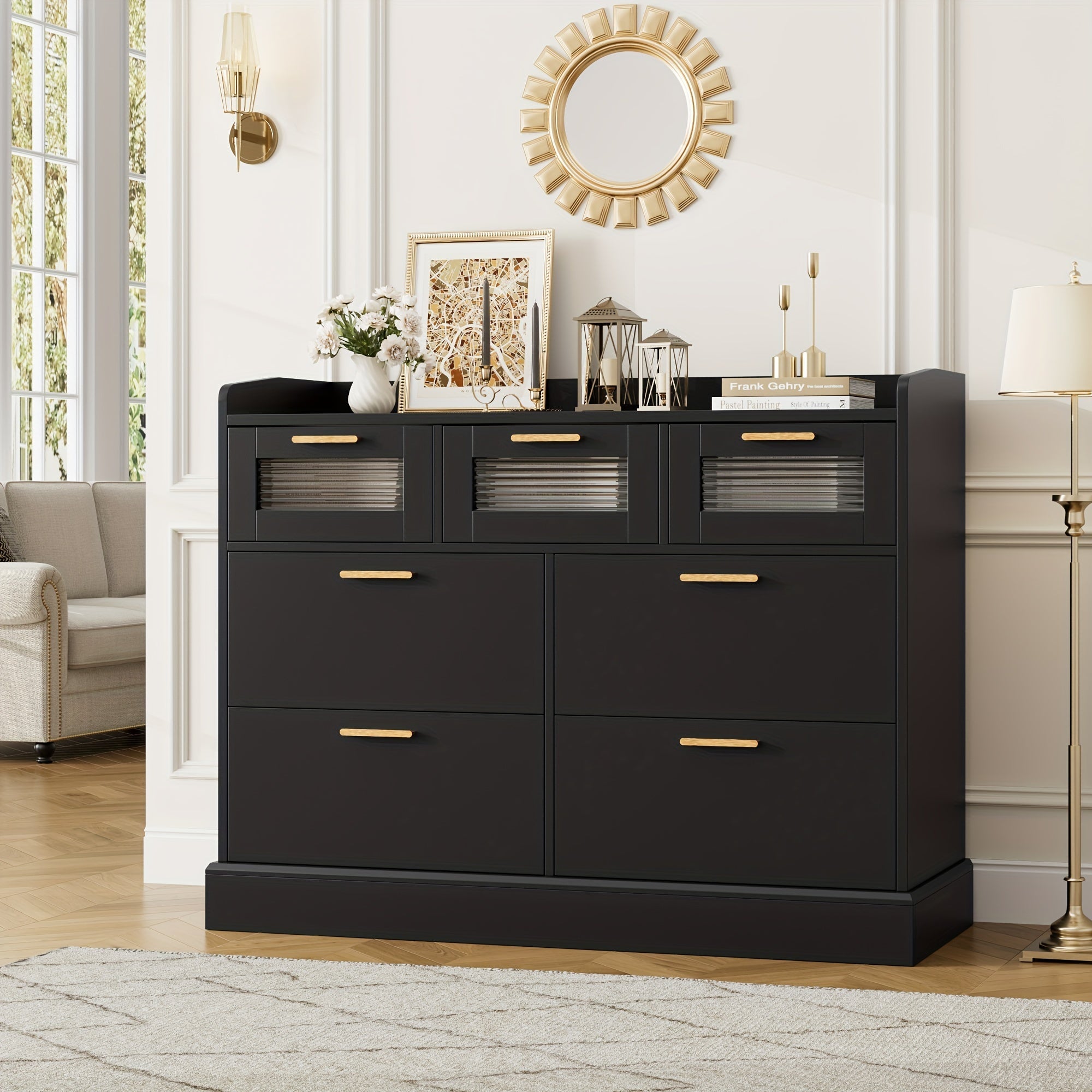 Modern 6 Drawer Dresser For Bedroom, Double Wide Chest Of Drawers With Storage, Tall Dresser With Metal Handle & Fluted Glass, Wood Console Cabinet With Fence For Living Room, Entryway, Ash Gray, White, Black+Gold