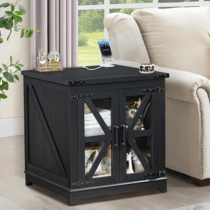 Farmhouse End Table With Charging Station, 24" Large Sofa Side Table With Glass Barn Door, Black Nightstand With Adjustable Storage Shelf, Wood Square Bedside Table For Living Room, Bedroom