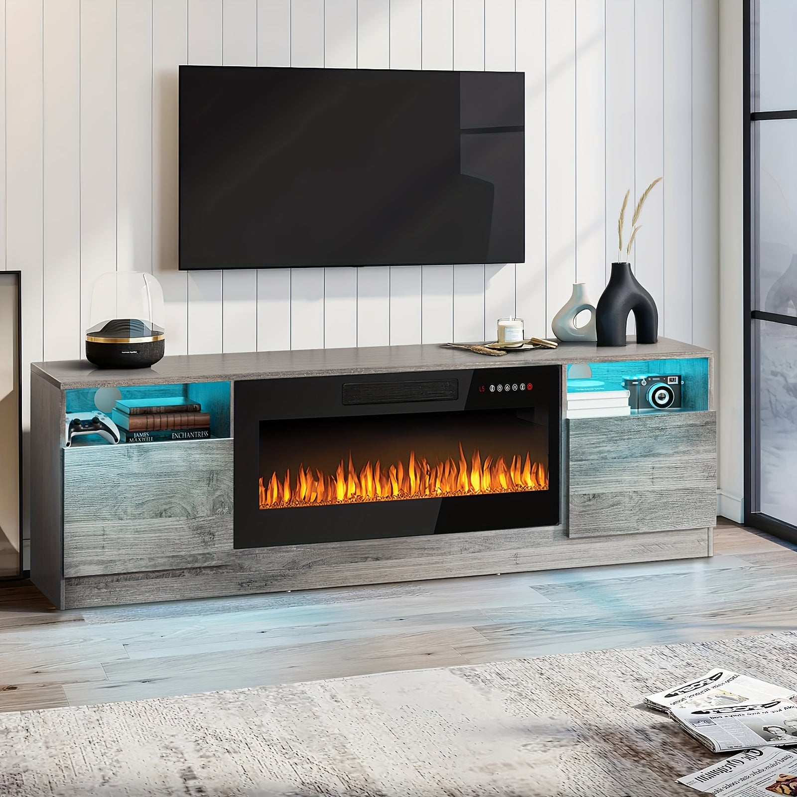 178cm Fireplace TV Stand - Fits Up to 203cm TVs Includes 36’’ Electric Fireplace & LED Lighting Entertainment Center