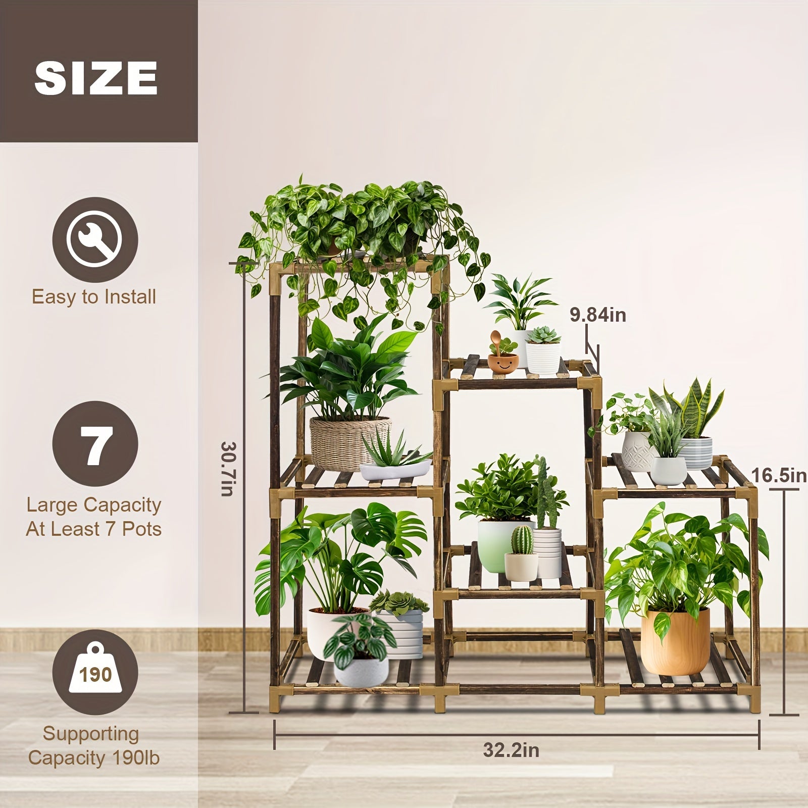 Plant Stand Indoor, 3-Tier Outdoor Wood Plant Stand for Multiple Plants, Accommodates 7 Potted Plants, Ideal for Gardens, Room Corners and Plant Gardening Gifts