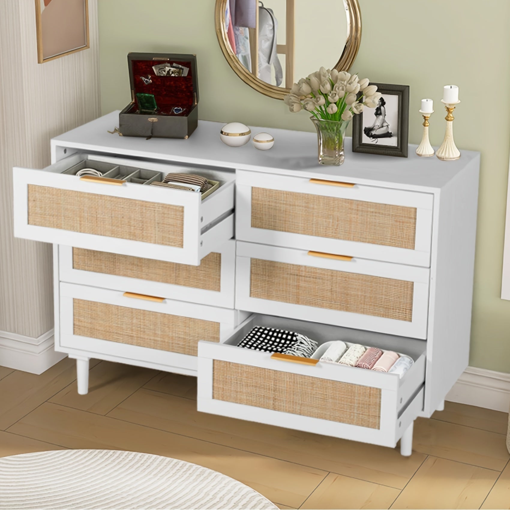 6 6 Drawer Dresser Rattan Dresser Modern Chest With Drawers Wood Storage Closet Dressers Chest Of Drawers - White