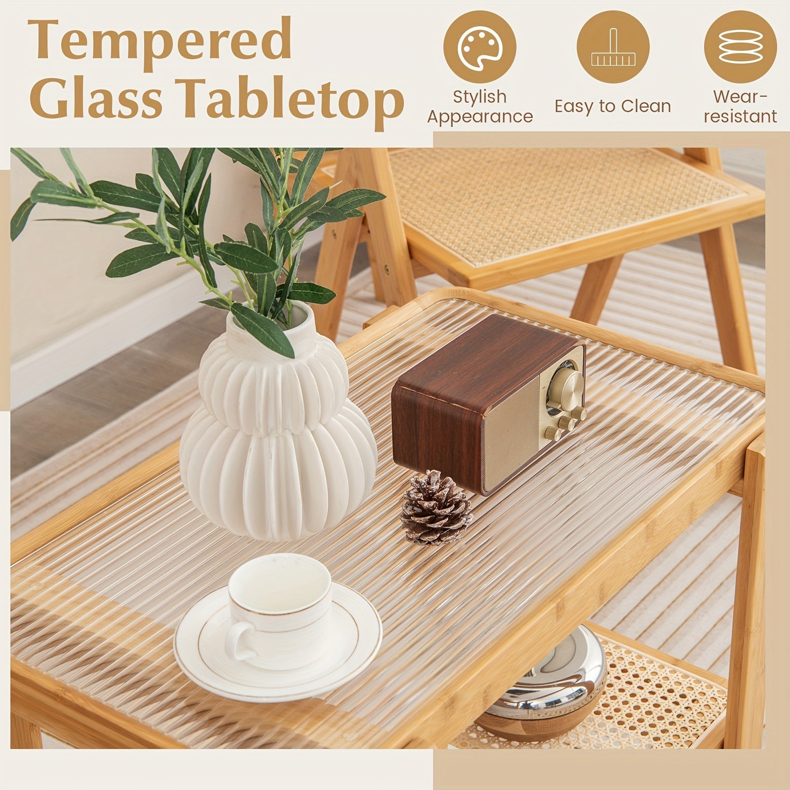 1pc Bamboo And Rattan Side Table With Glass Top, Modern Small Sofa End Table/Nightstand, 28x17.5x21.5 Inches, With Lower Shelf Storage, Home Furniture, Home Essential