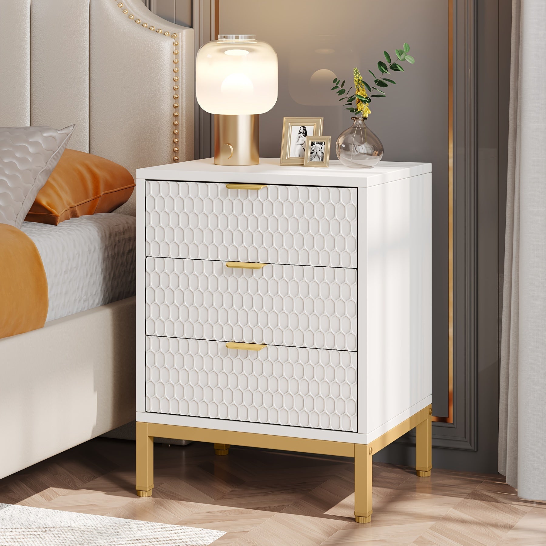 Modern 3 Drawers Nightstand Golden White Bedside Chair Side End Table With Storage For Living Room