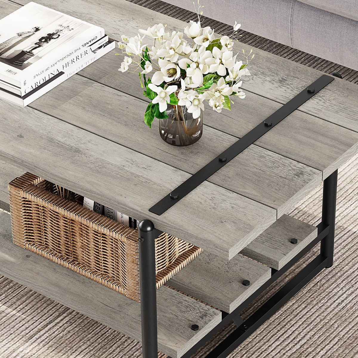 40 Inch Large 2-Tier Gray Wood Coffee Table with Storage Shelf - Farmhouse Modern Rustic Metal Rectangle Center Living Room Coffee Table Accent Furniture for Home Office