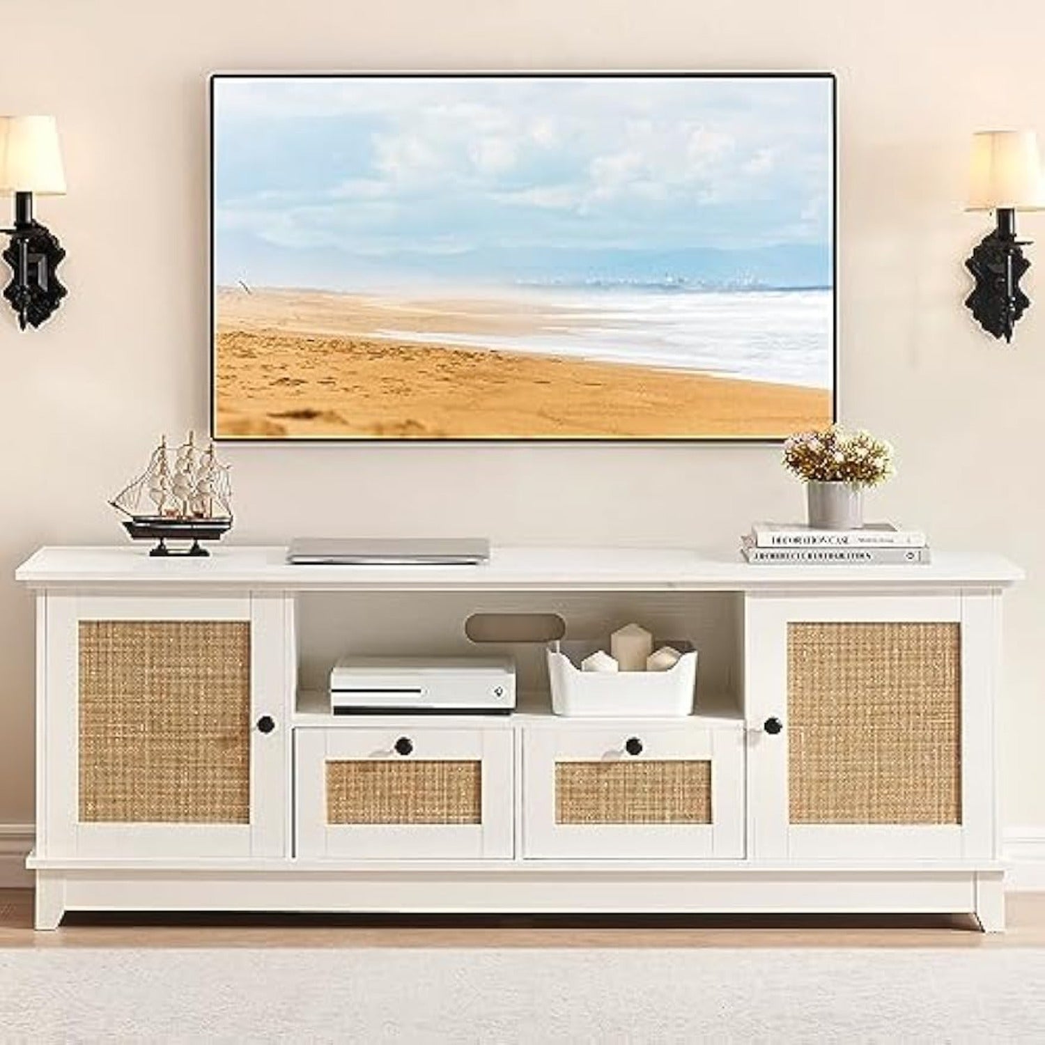 Rattan TV Stand, Modern Entertainment Center for 65/ 70 Inch TV, White Media Center with 2 Drawers and 2 Cabinets with Adjustable Shelf, TV Media Console Cabinet for Living Room