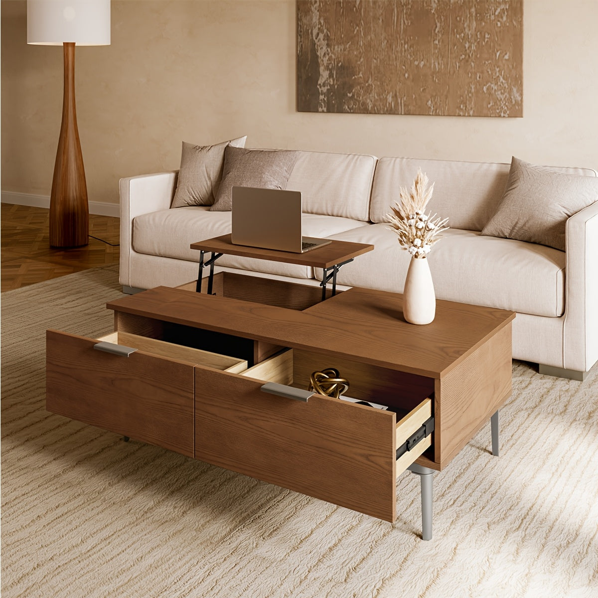 Contemporary Brown Lift-Top Coffee Table with Drawers - Space-Saving Design, Metal Legs, 12.47gal x 25.9W x 17.7H Inches, Office Reception, Hidden Storage