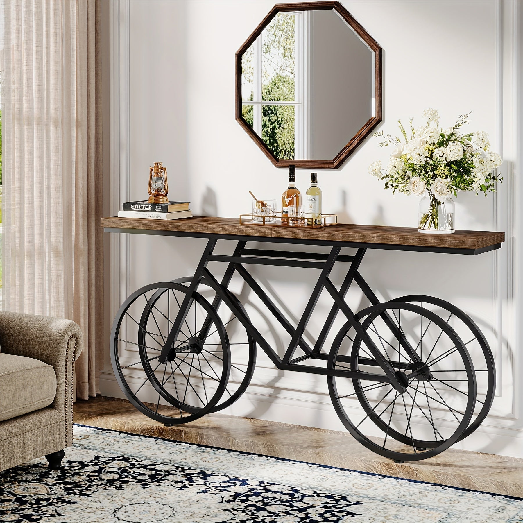 70.9-Inch Farmhouse Extra Long Console Table, Modern Narrow Sofa Table With Bicycle Metal Base, Industrial Entryway Accent Tables Behind Couch Table For Living Room, Bedroom, Hallway, Entrance, Foyer, Rustic Brown, Christmas