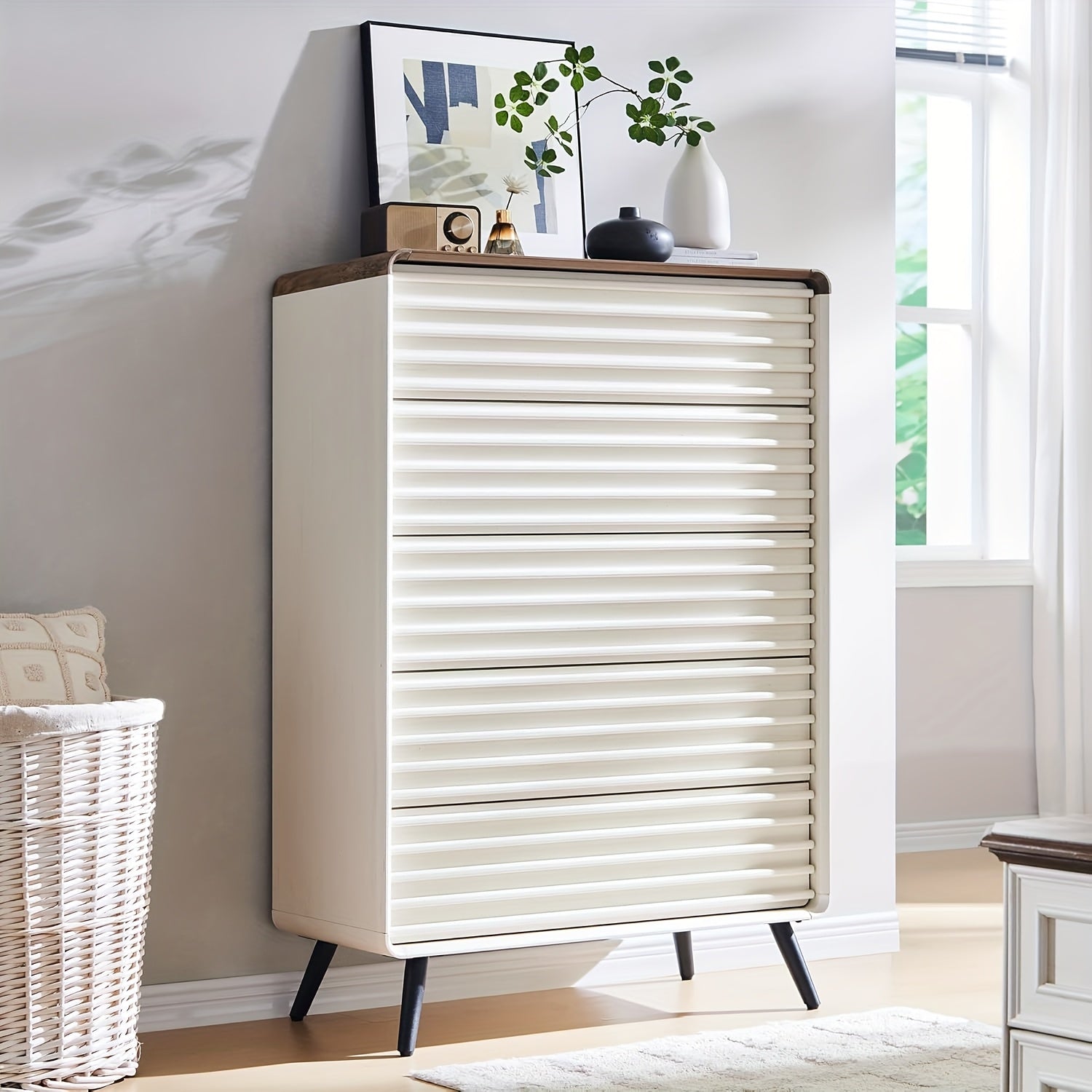 Mid-Century Modern 48’’ Wooden Fluted Dresser with 5 Drawers - Vintage Style Freestanding Chest of Drawers for Bedroom
