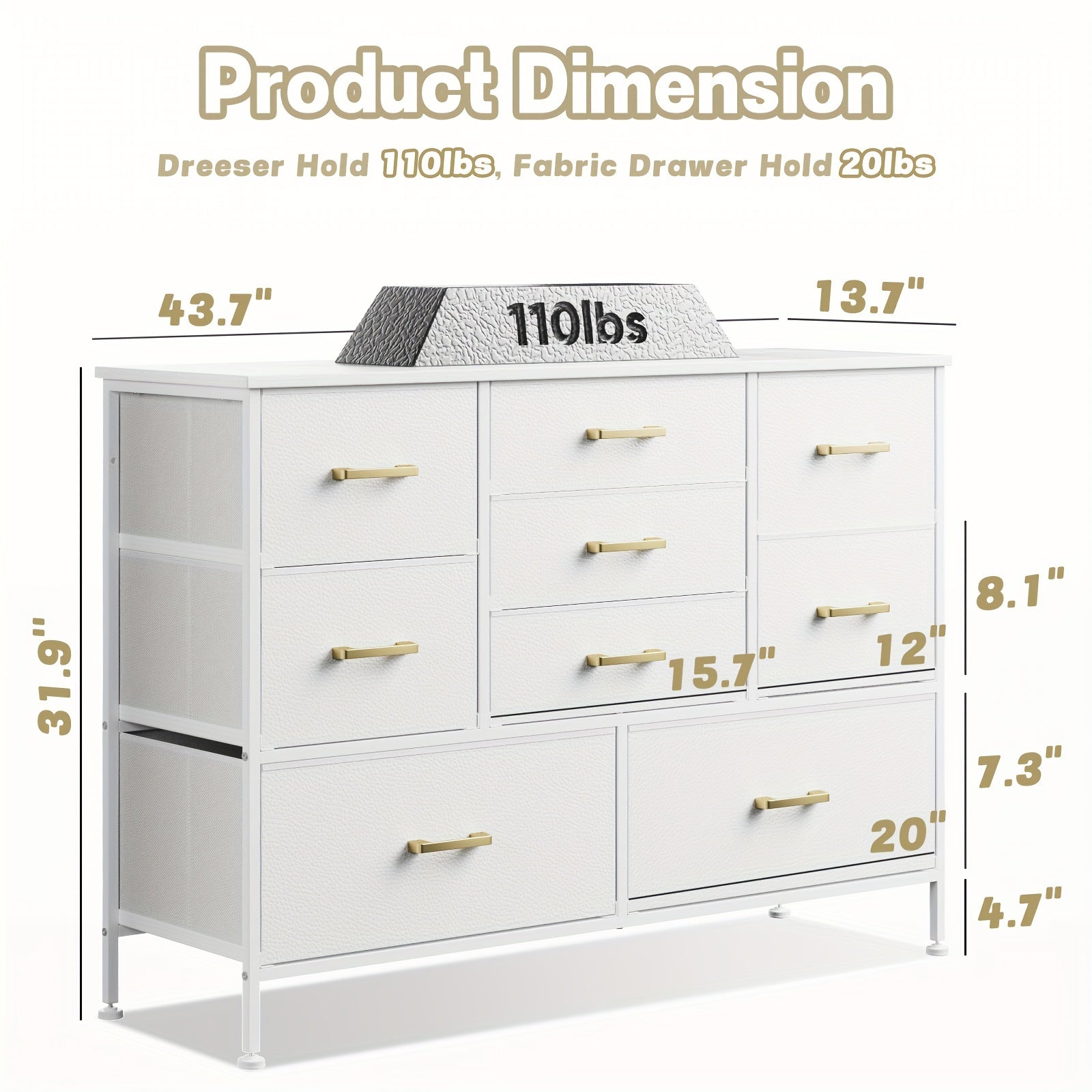 5/8/9 Drawers Dresser For Bedroom White Dresser With Fabric Drawers Chest Of Drawers With PU Finish Metal Handle
