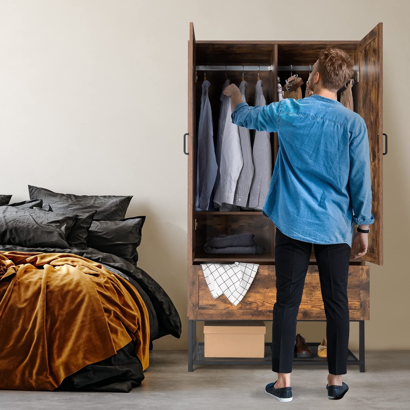 Armoire, Wardrobe Closet with Hanging Rod, Bedroom 71" Freestanding Wardrobe Cabinet with Doors, Adjustable Shelves and Drawer, Open Compartment, Rustic Brown