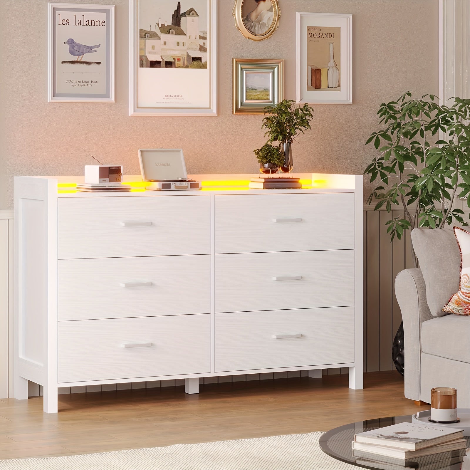 Bedroom Storage Cabinet With LED Lights Large Capacity Storage Cabinet 6 Drawer Storage Cabinet White - White - Dresser