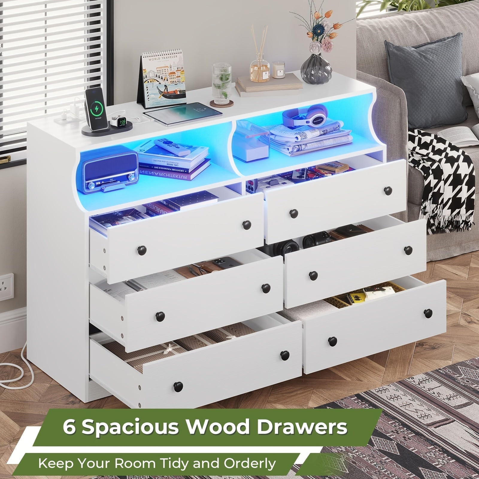 Bedroom Dresser 6 Drawer Double Dresser With Charging Station With Open Storage White - White - Dresser Westberry