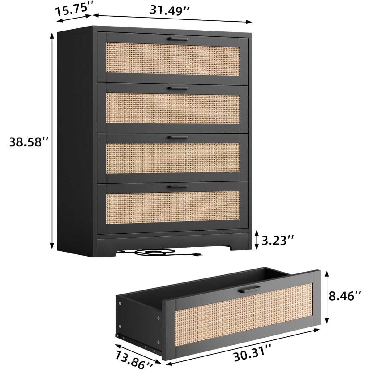 4 Drawer Dresser for Bedroom, Rattan Chest of Dressers, Modern Wood Tall Dresser with Power Outlets, Drawer Organizer Unit with Metal Handle for Living Room Closet Hallway Entryway