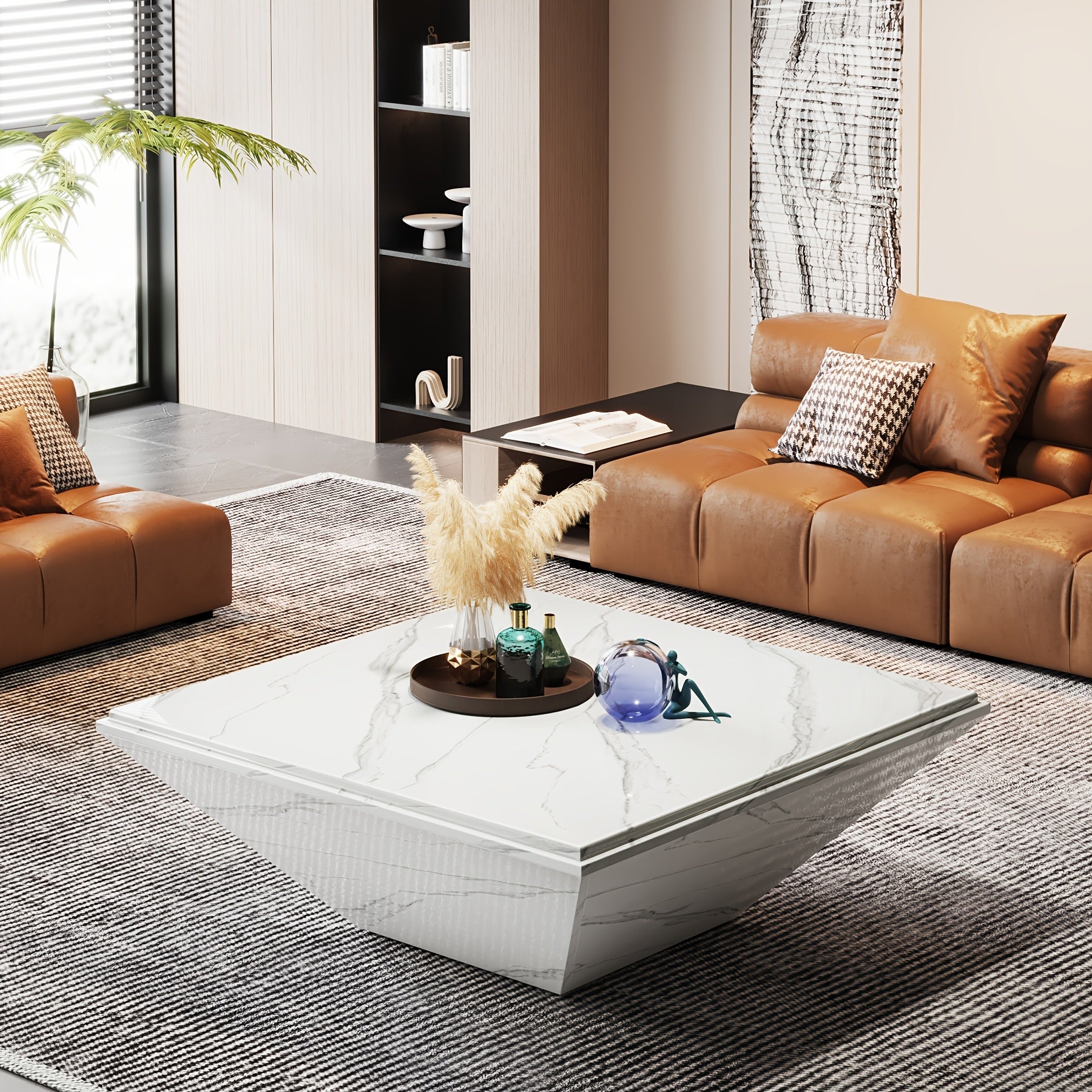 Modern 91cm Square Coffee Table with Faux Marble Top - Stain-Resistant, Large Engineered Wood Centerpiece for Living Room