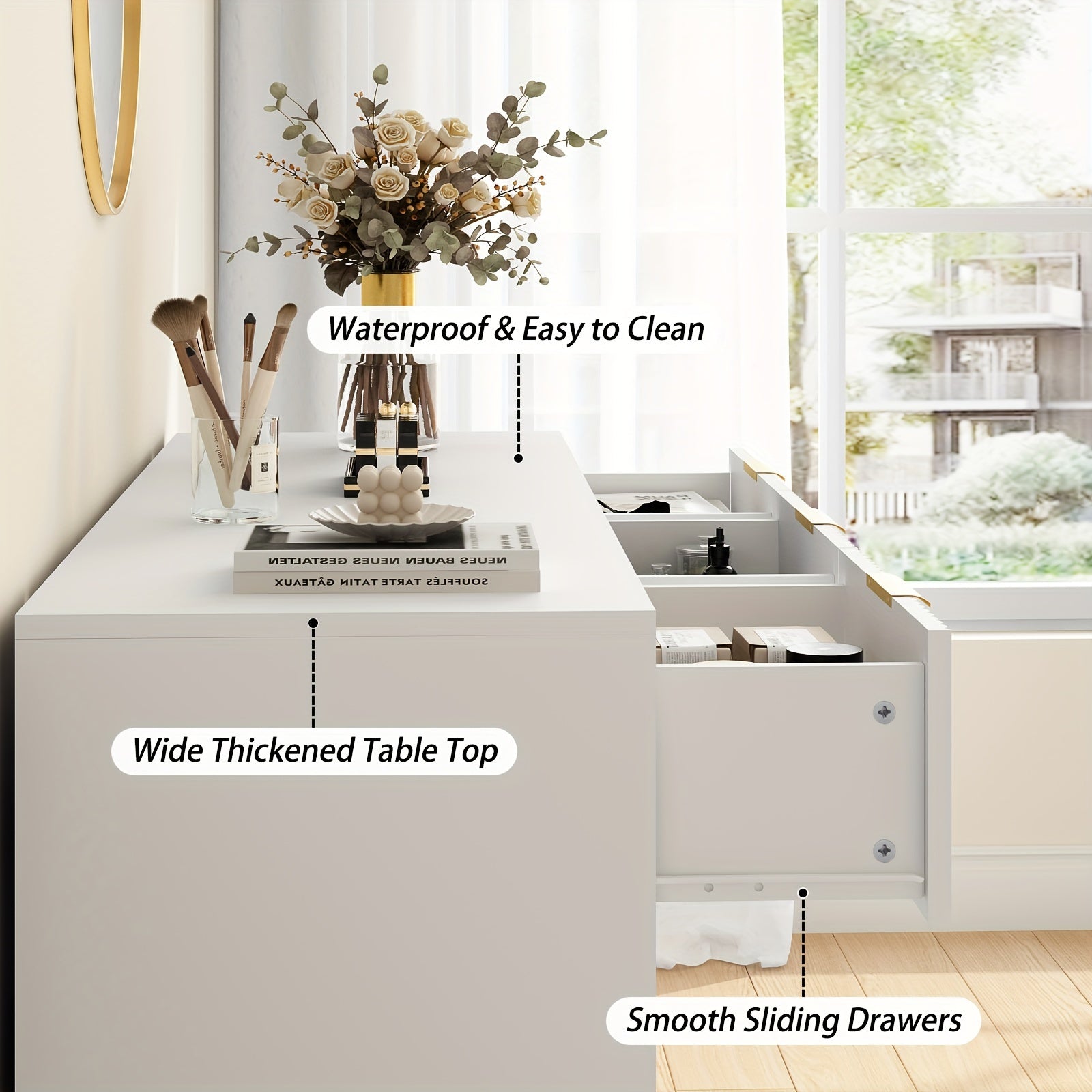 Modern Fluted Wood Dresser with Golden Handle 7 Drawers - White Storage Organizer for Bedroom Living Room Hallway