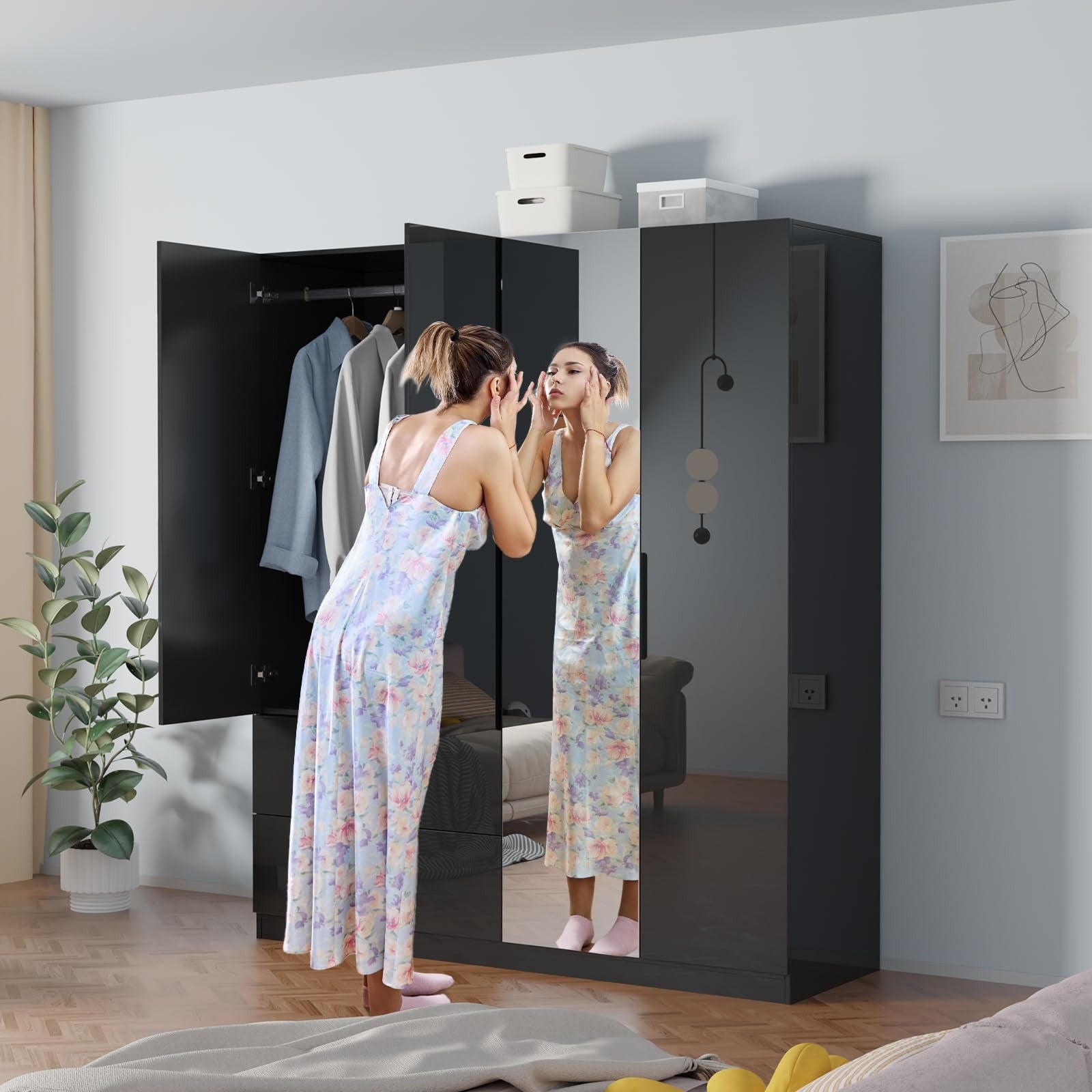 72.8" H Wardrobe Closet with Mirror, High Gloss 4 Door Armoire with 2 Drawers, Wardrobe Cabinet with Hanging Rod & Shelves, Modern Black Freestanding Armoire Wardrobe Closet for Bedroom