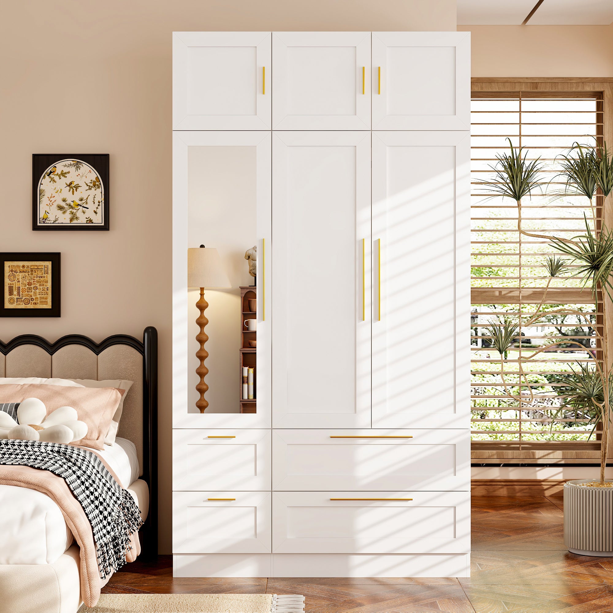 Wardrobe Armoire Wooden Closet With Mirror, 6 Doors, 4 Drawers And Hanging Rods For Bedroom, Christmas Clearance Furniture For Home, Large Storage Space, Stylish And Modern Degign, White