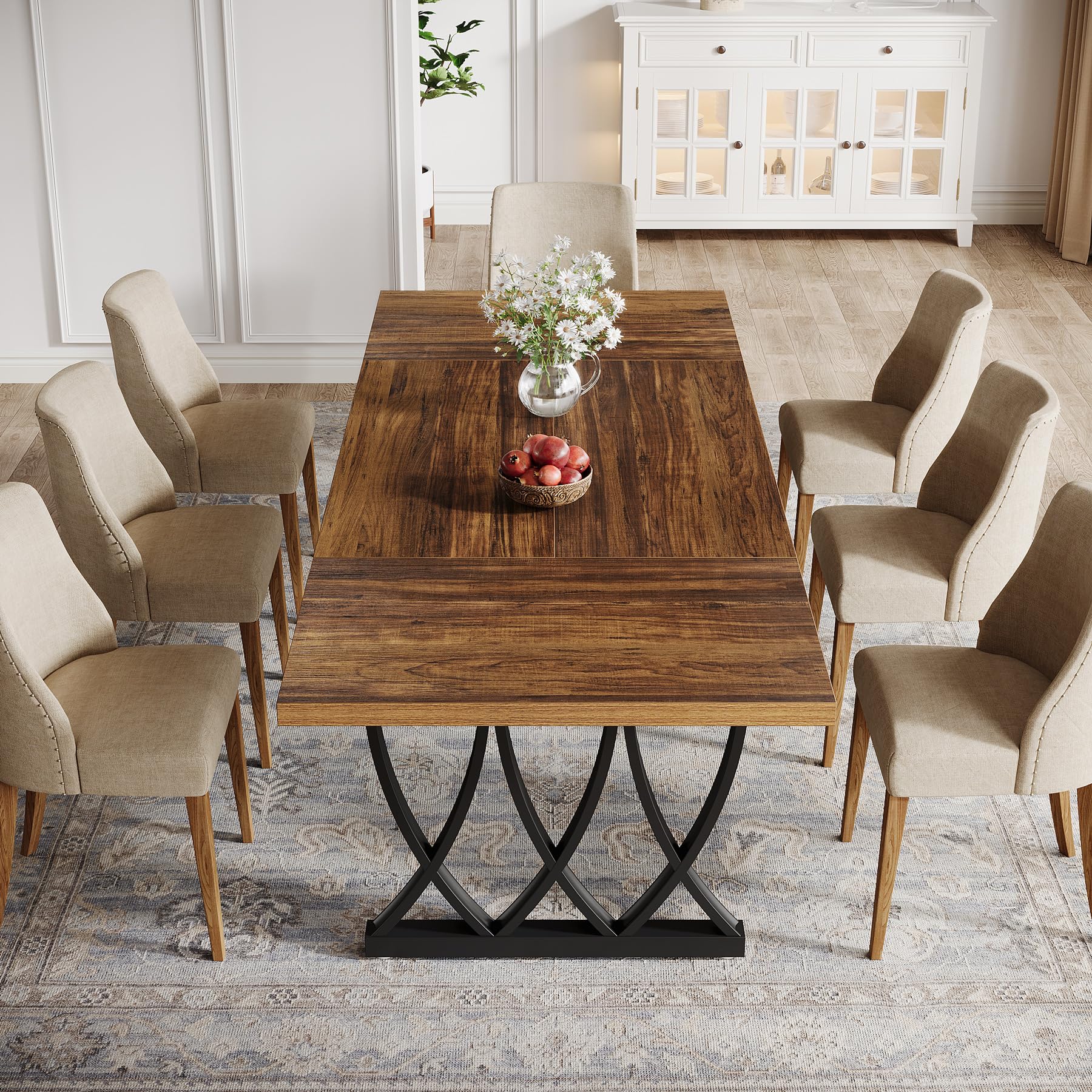 Dining Table for 6-8 People 180cm Rectangle Wood Kitchen Table Dinner Table with Heavy Duty Metal Frame for Kitchen