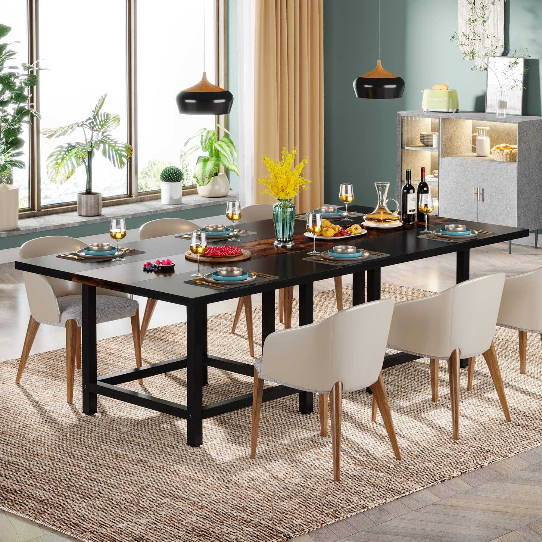 Square Dining Table for 4 People, Farmhouse 101cm Wooden Kitchen Table, Farmhouse 2 Person Dinning Table for Dinning Room &Small Space, Black&Retro (Rusitc&Black)