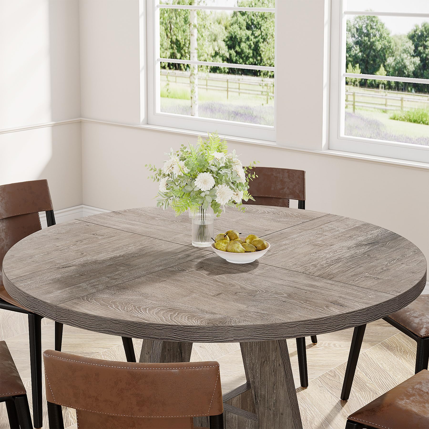 Round Dining Table Wood Kitchen Table for Dining Room Living Room, 119cm Dining Room Tables for 4 People, Farmhouse Dinner Table with Wooden Table Top and Legs, Rustic Brown(Only Table)