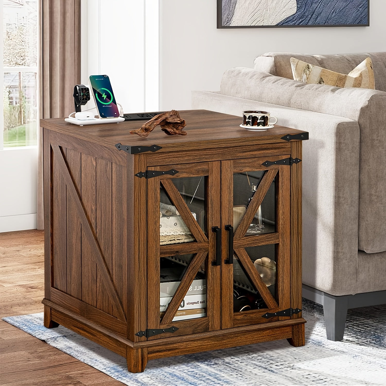 Farmhouse End Table With Charging Station, 24" Large Sofa Side Table With Glass Barn Door, Brown Nightstand With Adjustable Storage Shelf, Wood Square Bedside Table For Living Room, Bedroom