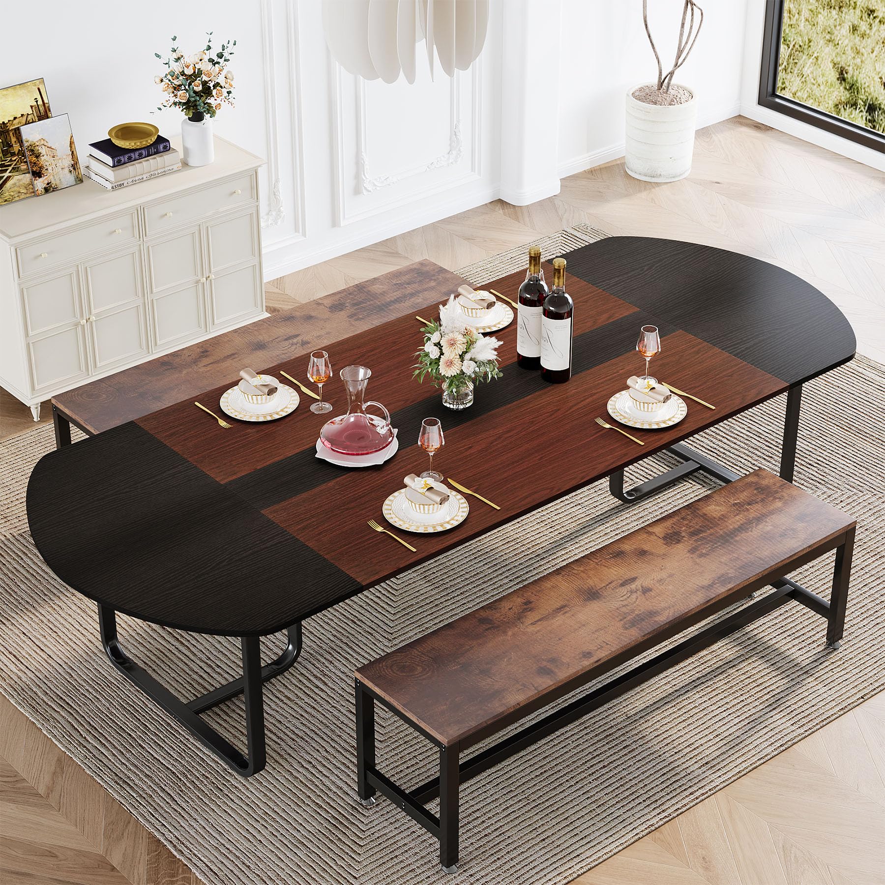 180cm Modern Oval Dining Table with Walnut and Black Finish Splicing Board, Curved Kitchen Tables for 6-8, Large Dining Room Table with Stylish Metal Legs (Walnut+Black)