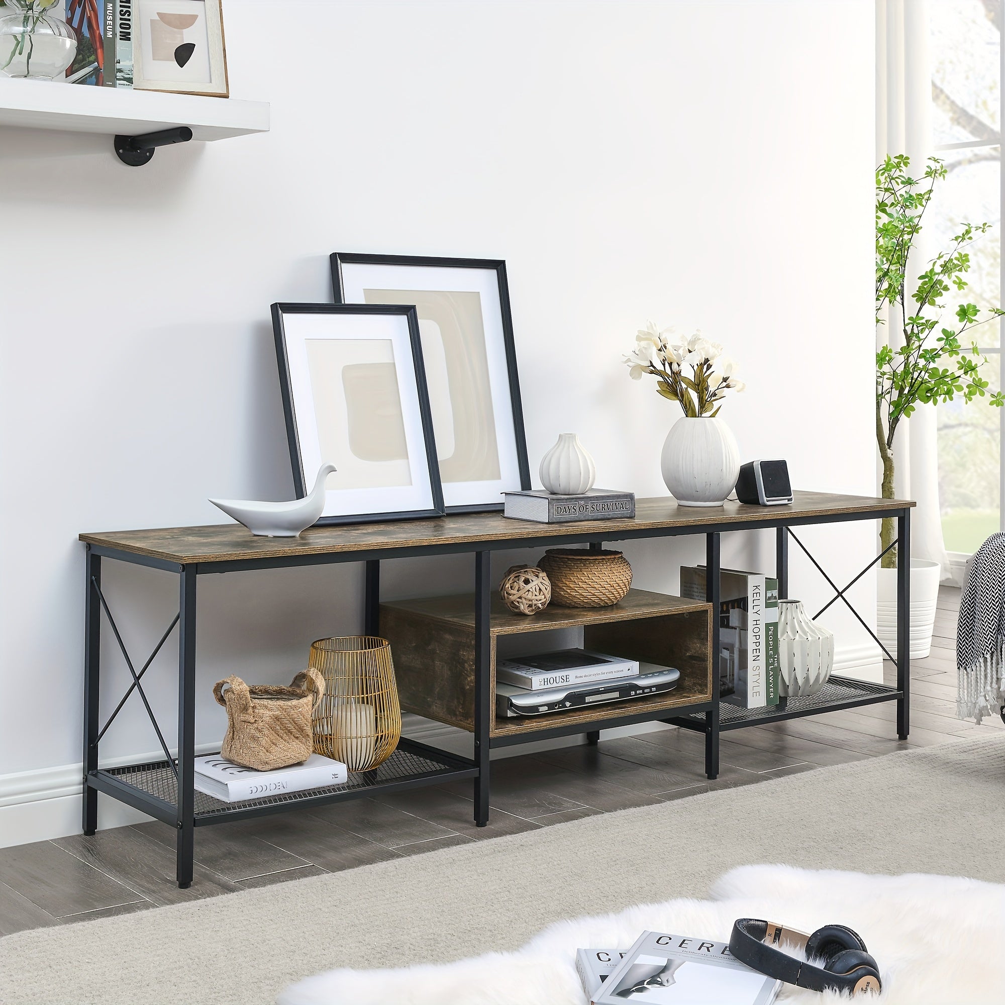 178cm Industrial TV Stand for 203cm Televisions Metal Frame with Open Storage - TV Stand Westberry Furniture