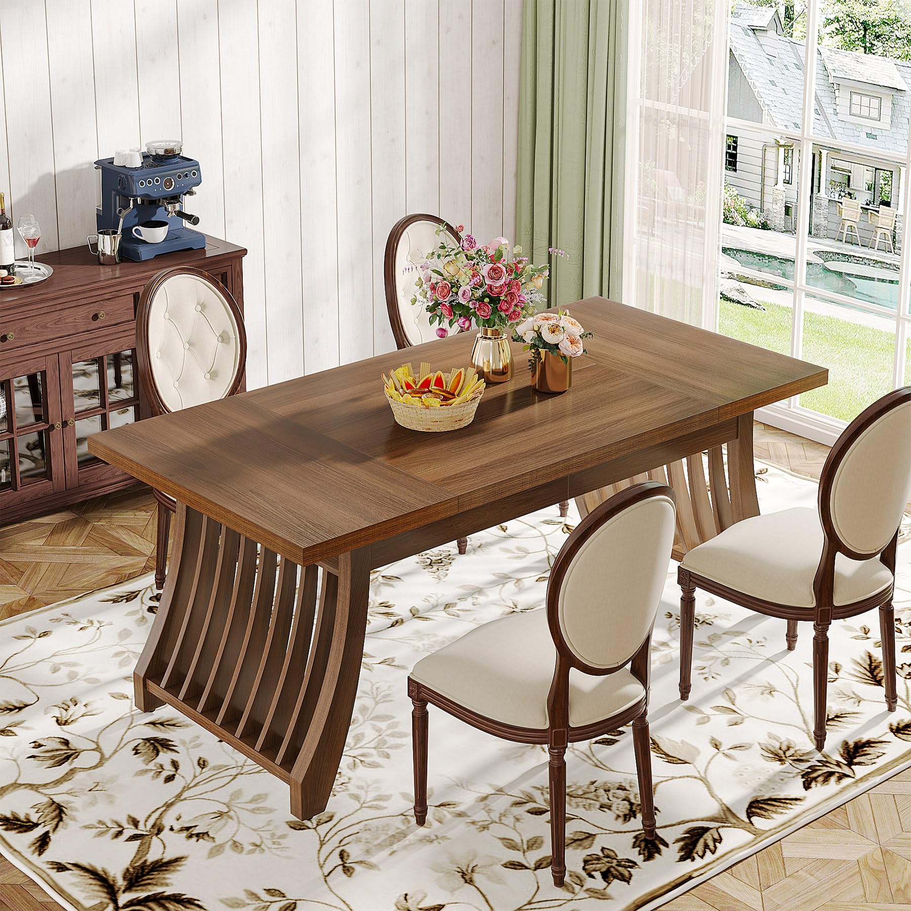 Wood Dining Room Table: 158cm Rectangular Dining Table for 6 People Farmhouse Wooden Kitchen Table with Heavy-Duty