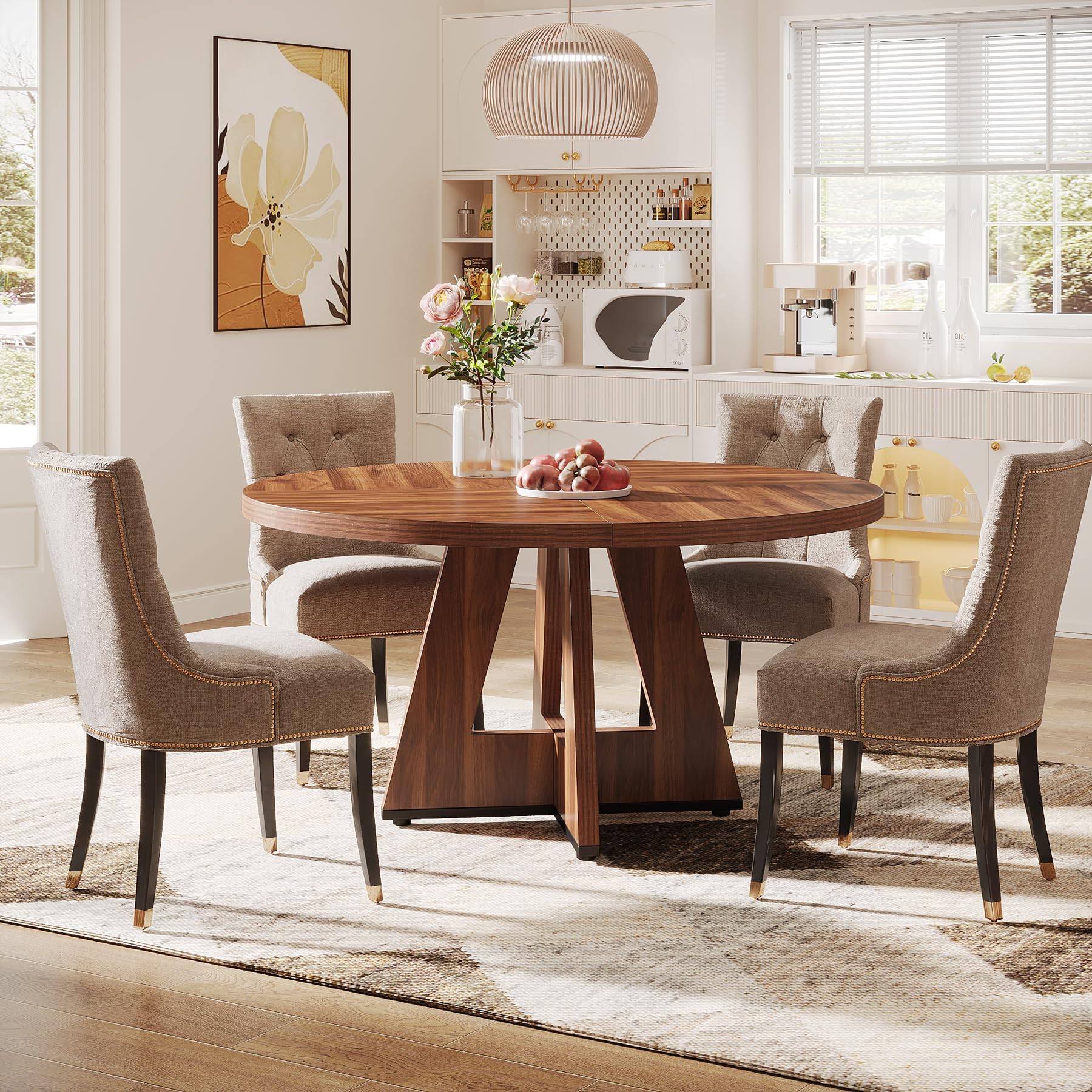 Round Dining Table Wood Kitchen Table for Dining Room Living Room, 119cm Dining Room Tables for 4 People, Farmhouse Dinner Table with Wooden Table Top and Legs, Rustic Brown(Only Table)