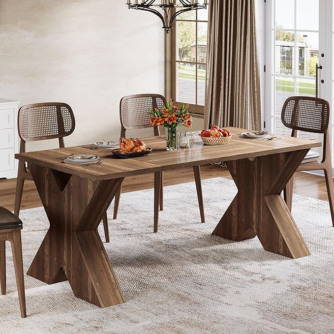 Dining Table for 4-6 People, 160cm Rectangular Kitchen Table with X-Shaped Thickened Wood Pedestal Base, Farmhouse Dinner Table for Kitchen, Dining Room, Living Room, Brown