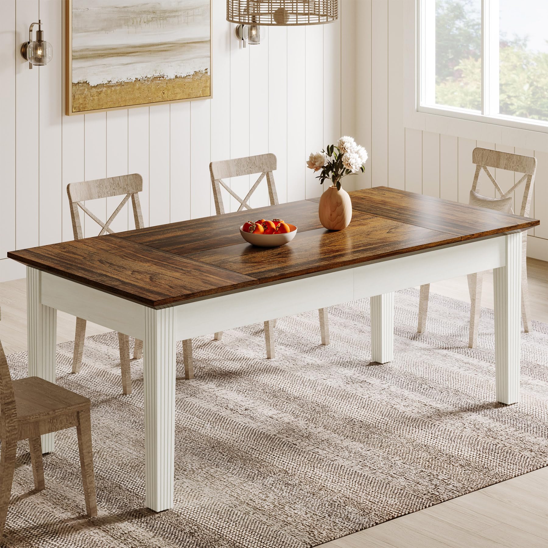 Dining Table for 4-6 People, 160cm Rectangular Kitchen Table with Solid Wood Legs, Modern Farmhouse Dinner Table for Dining Room, Kitchen, Living Room, Rustic Brown & White