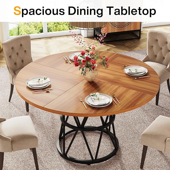 Round Dining Table for 4, 119cm Kitchen Table Circle Dinner Table, Wood Dining Room Table for Kitchen Living Room, Metal Base, Brown & Black