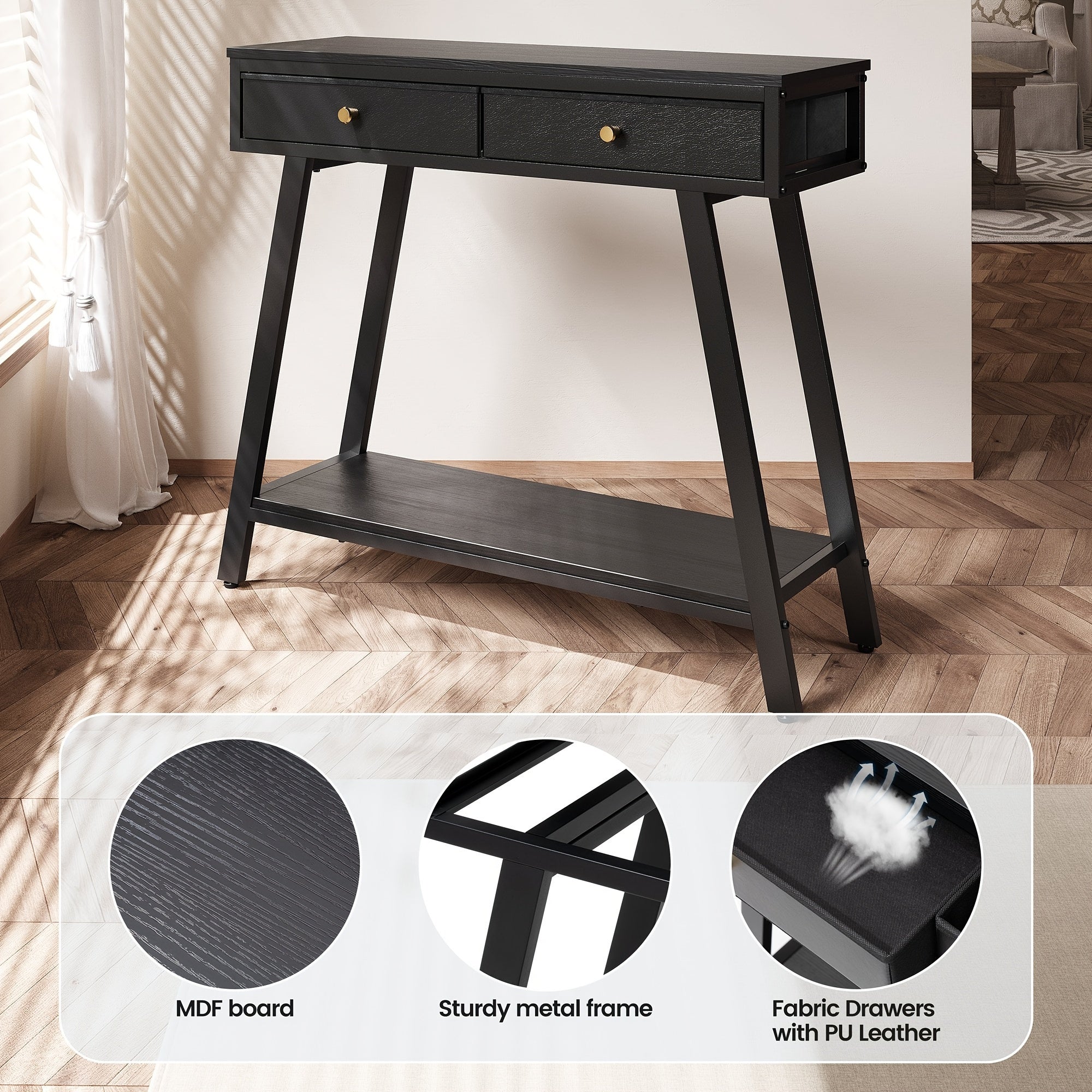 1pc Black 2-Tier Entryway Side Table, 2-Drawer Console Table