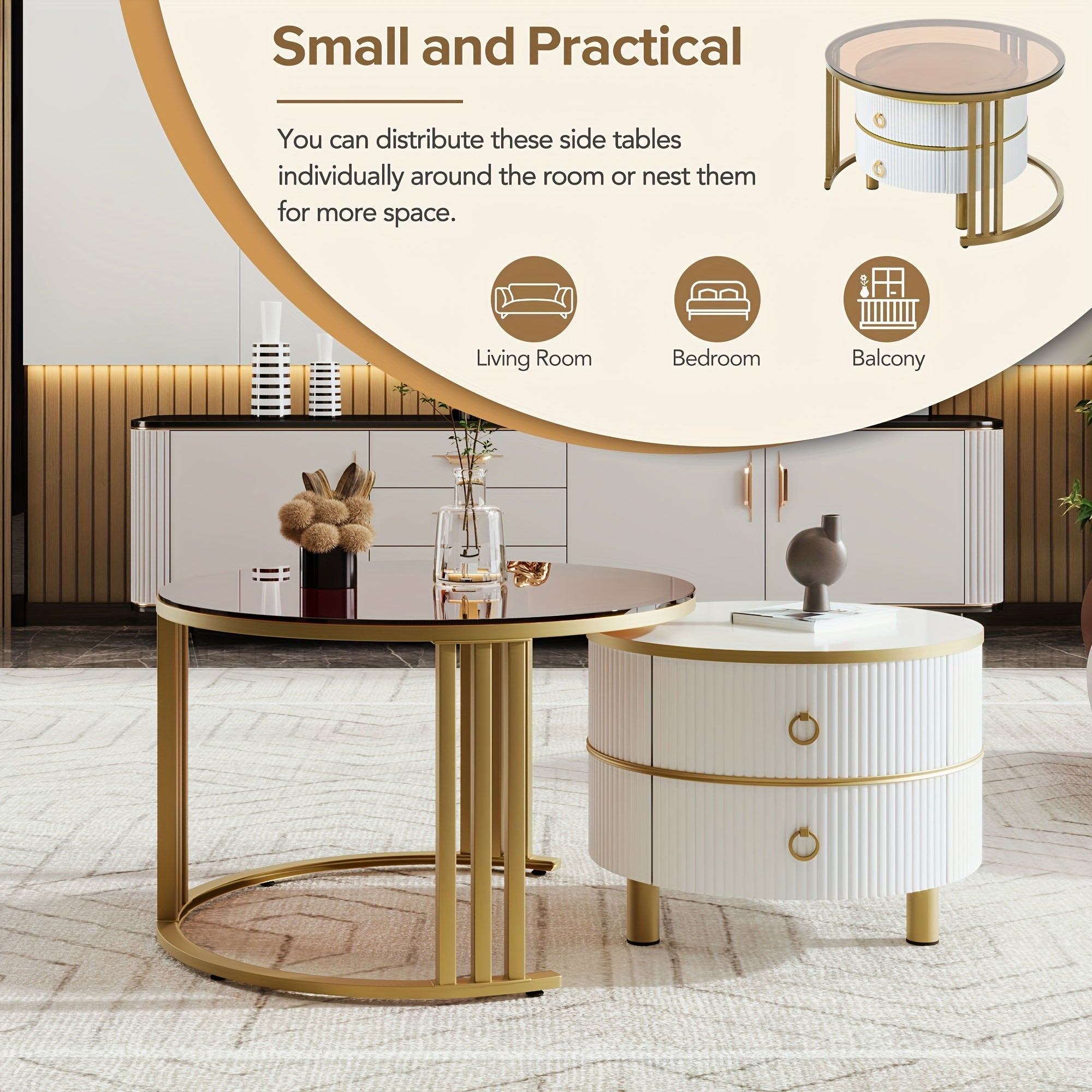 2-Piece Stackable Coffee Table With 2 Drawer Set With Brown Tempered Glass And High-Gloss Marble Top, 2-Piece Living Room Round Center Table, Patio Table, White, Gold, Black, Modern, Pop Storage