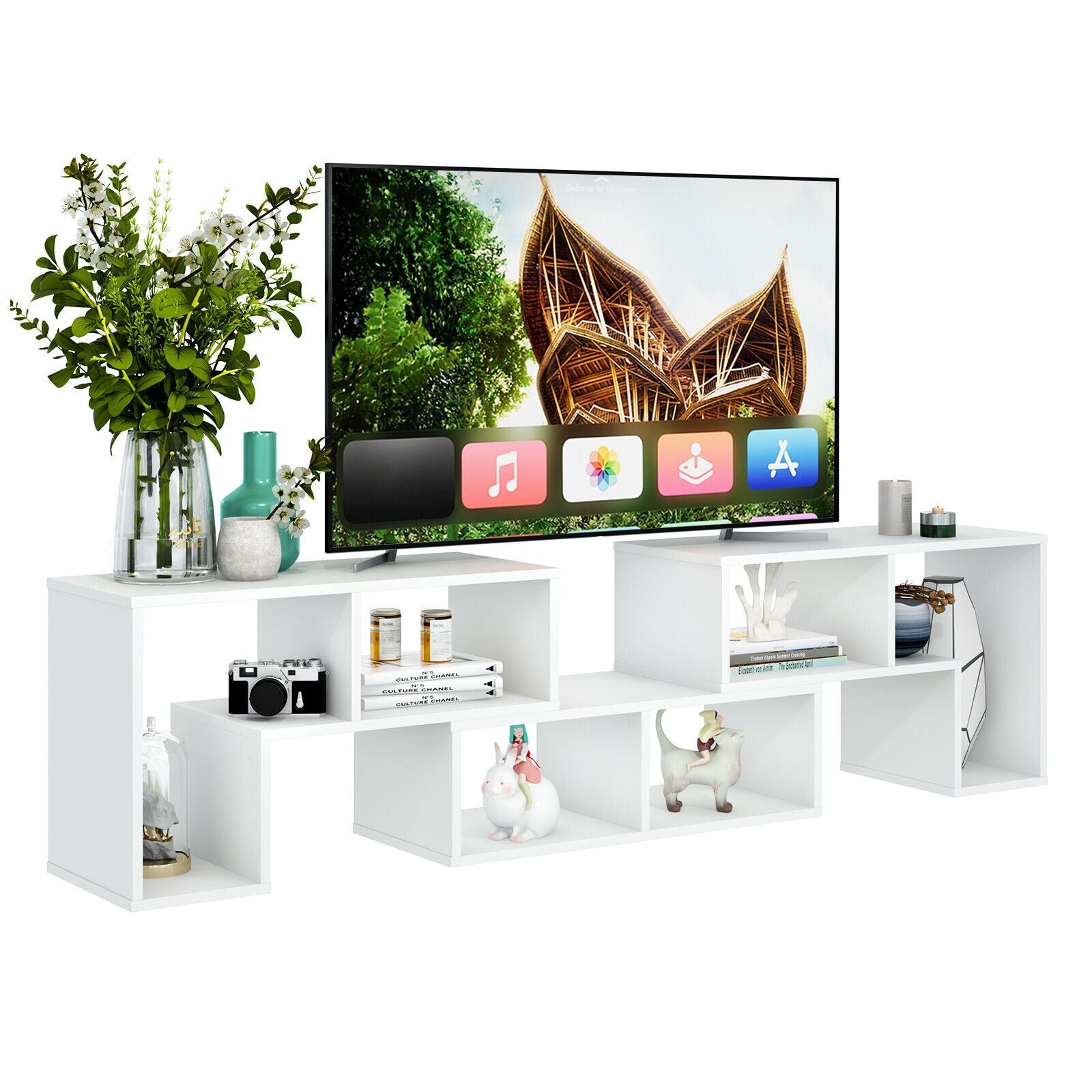 3pcs Modern Minimalist TV Stand for 50-65 Inch TVs, DIY Combination Entertainment Center, Open Storage Bookcase Shelf, Rectangle Shape, White, with No Battery Required for Living Room