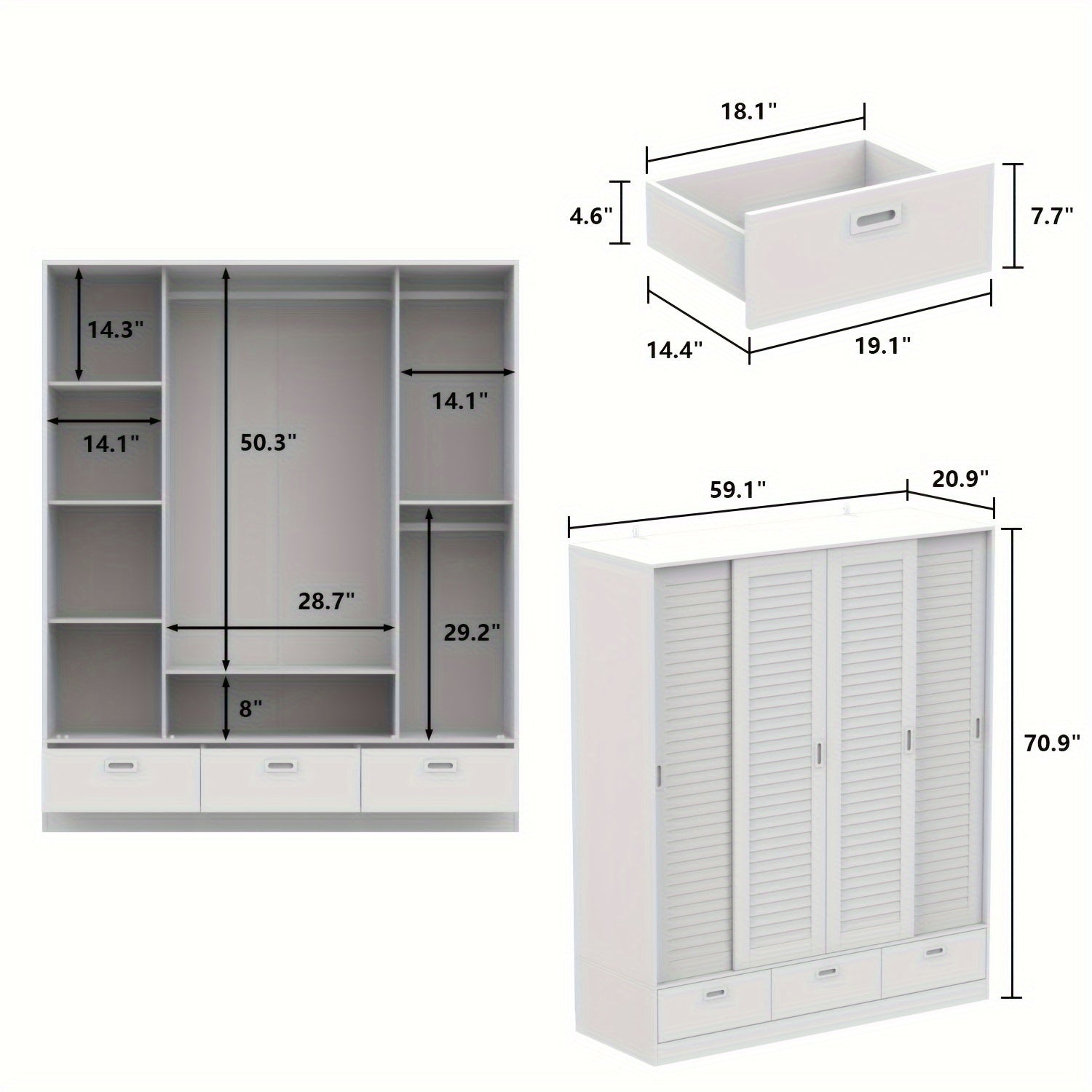 Standalone Wardrobe Closet Featuring 3 Drawers, 4 Smooth-Sliding Doors, & 3 Adjustable Hanging Rails