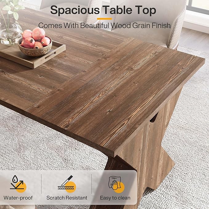 Dining Table for 4-6 People, 160cm Rectangular Kitchen Table with X-Shaped Thickened Wood Pedestal Base, Farmhouse Dinner Table for Kitchen, Dining Room, Living Room, Brown