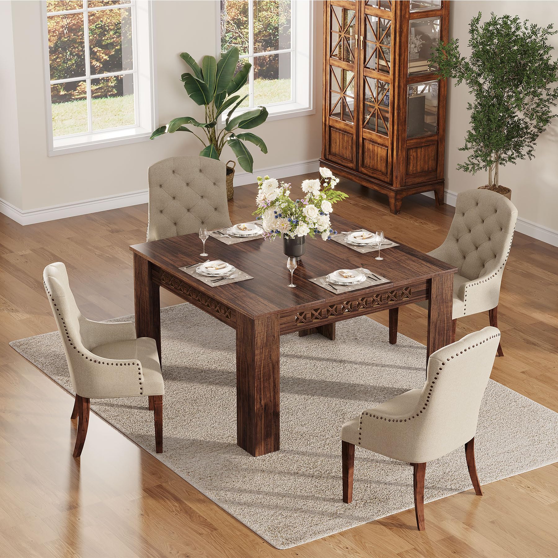 110cm Square Dining Table for 4, 2-4 Person Farmhouse Wood Dining Room Table (Rustic Brown, Heavy Duty Legs)