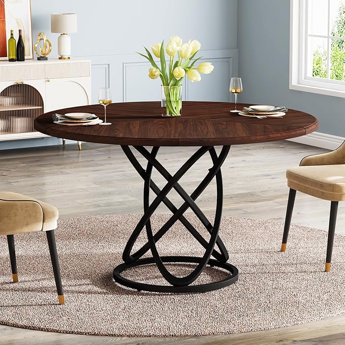 Round Dining Table for 4-6 People, 119cm Dinner Table Circle Kitchen Table with Metal Base, Wood Dining Room Table Cofee Table for Kitchen, Restaurant, Café, Walnut and Black