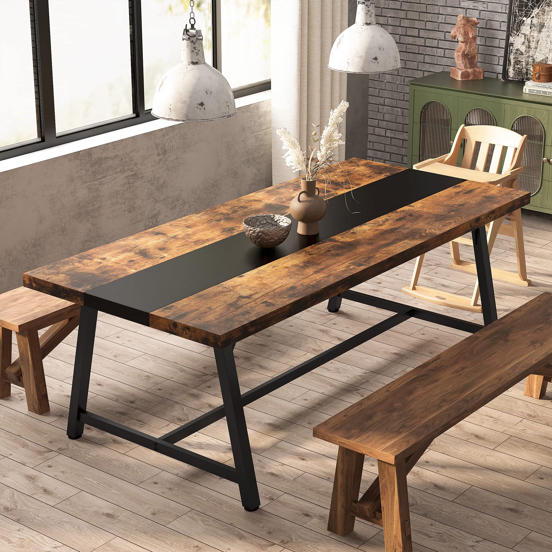 Dining Table for 8 People, 180cm Rectangular Wood Kitchen Table with Strong Metal Frame, Industrial Large Long Dining Room Table for Big Family (Rustic Brown)