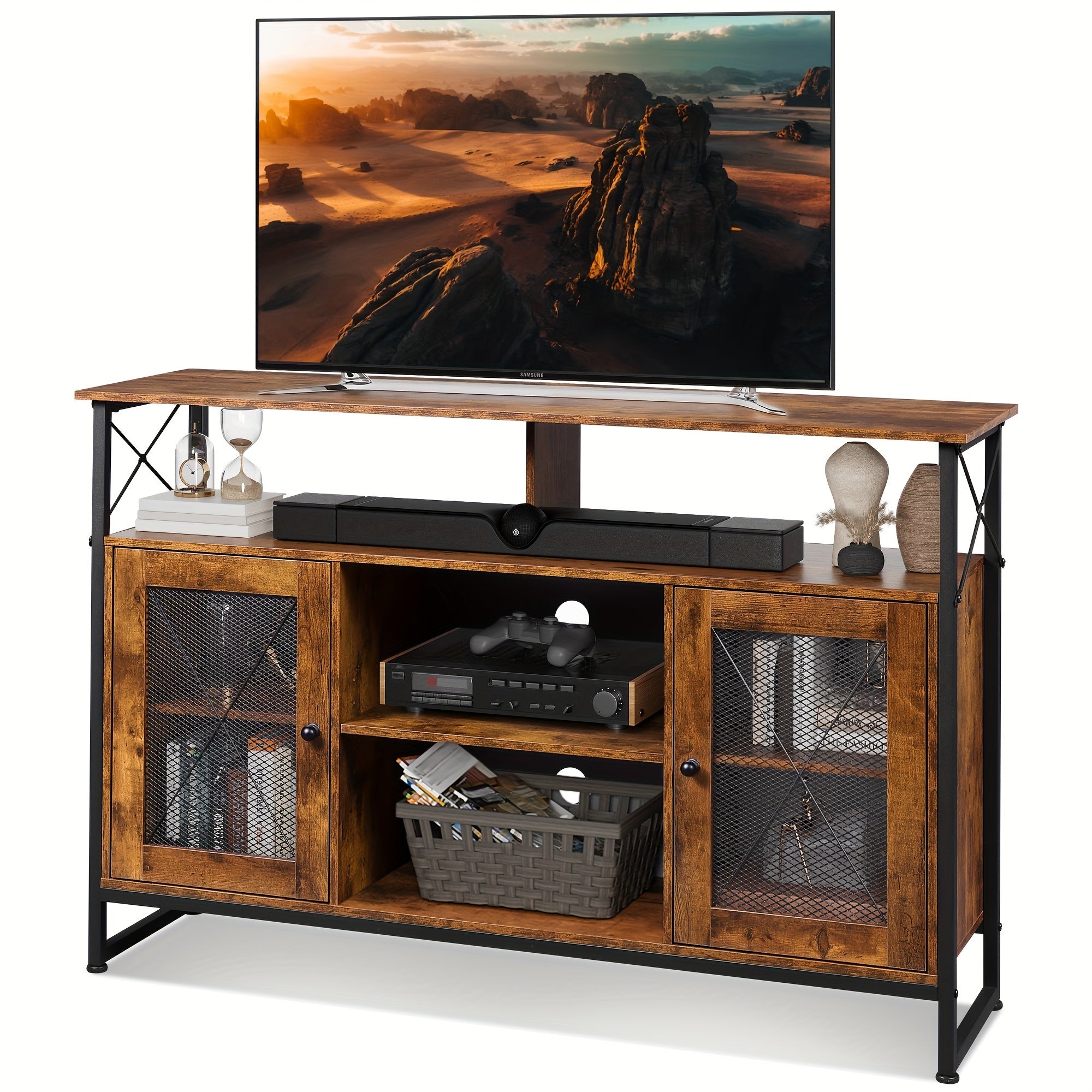 TV Stand 55 inch TV, Tall Entertainment Center with Storage, Farmhouse Industrial TV Console for Bedroom Living Room, Rustic Brown