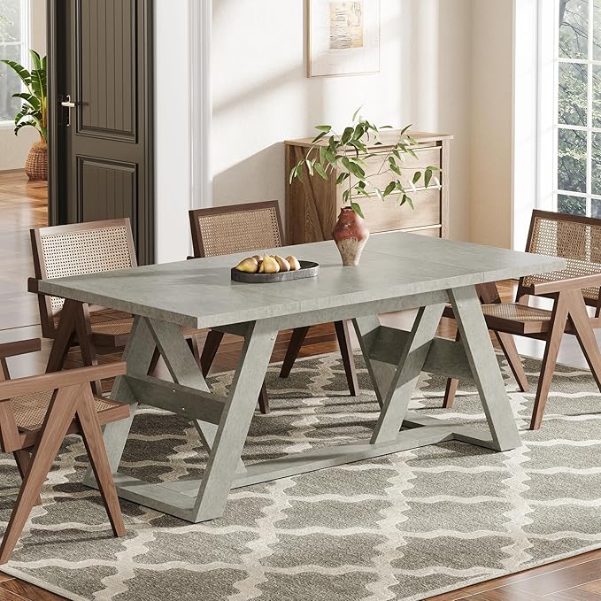 180cm Dining Table, Farmhouse Kitchen Dining Room Table for 6-8 People, Wood Kitchen Table Dinner Table with Double X-Shaped Base for Dining Room, Gray