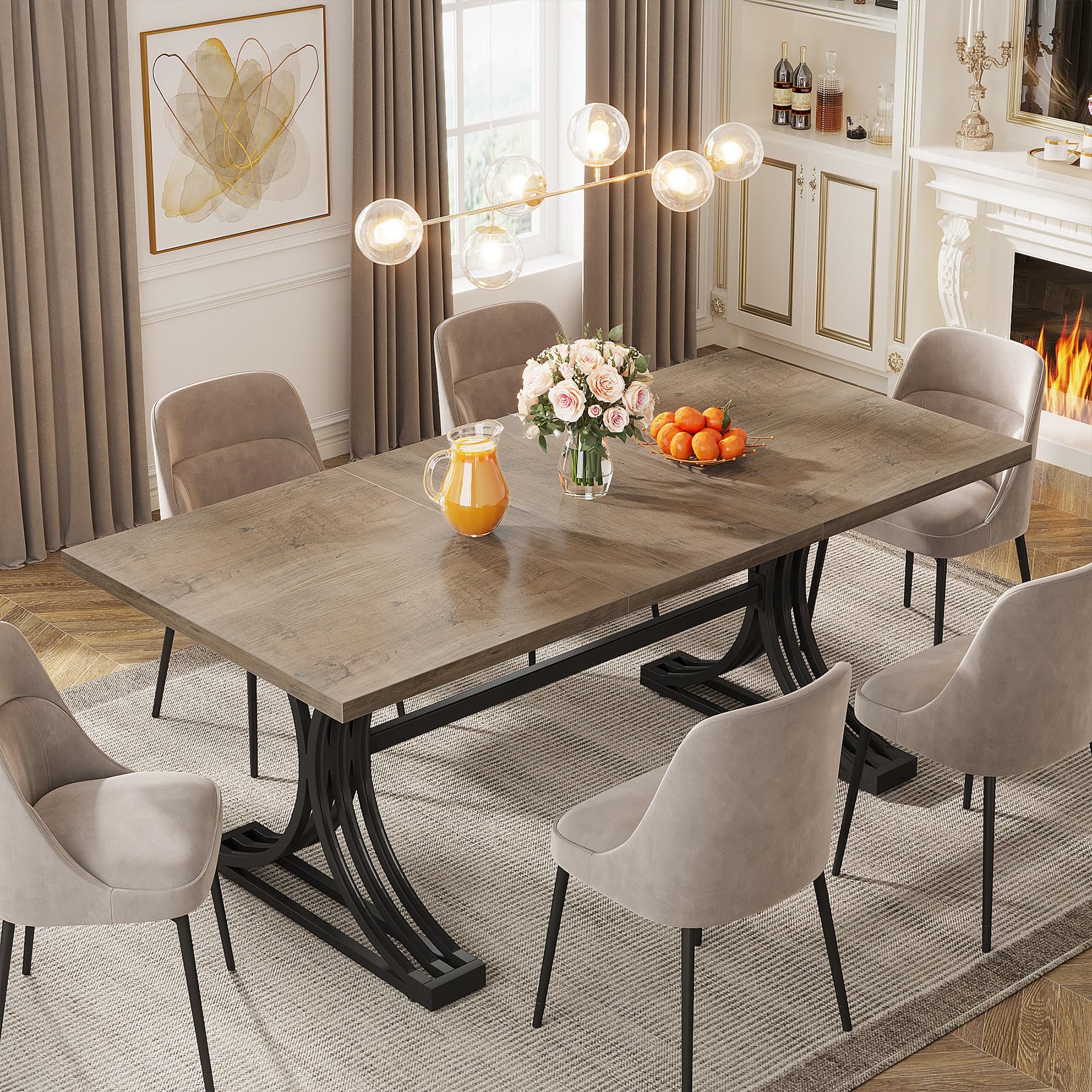 160cm Rectangular Dining Table for 4 to 6, Modern Kitchen Table with Stylish Metal Trestle Legs, Large Dinner Table for Dining Room, Chair Not Included (Grey+Black)