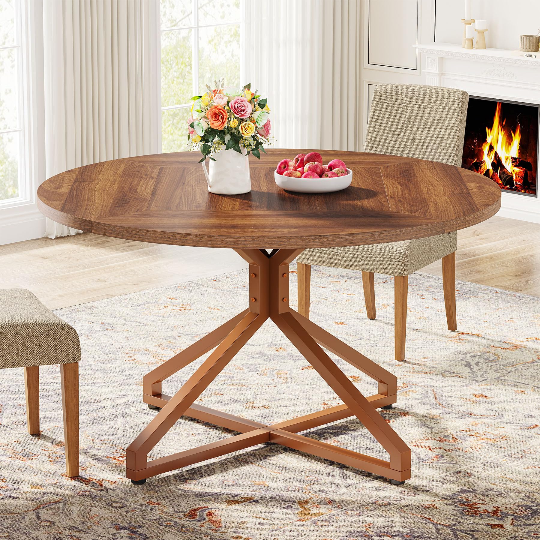 Round Dining Table for 4-6 People 119cm Circle Kitchen Table Dining Room Table with Metal Pedestal Base Wood Dinner