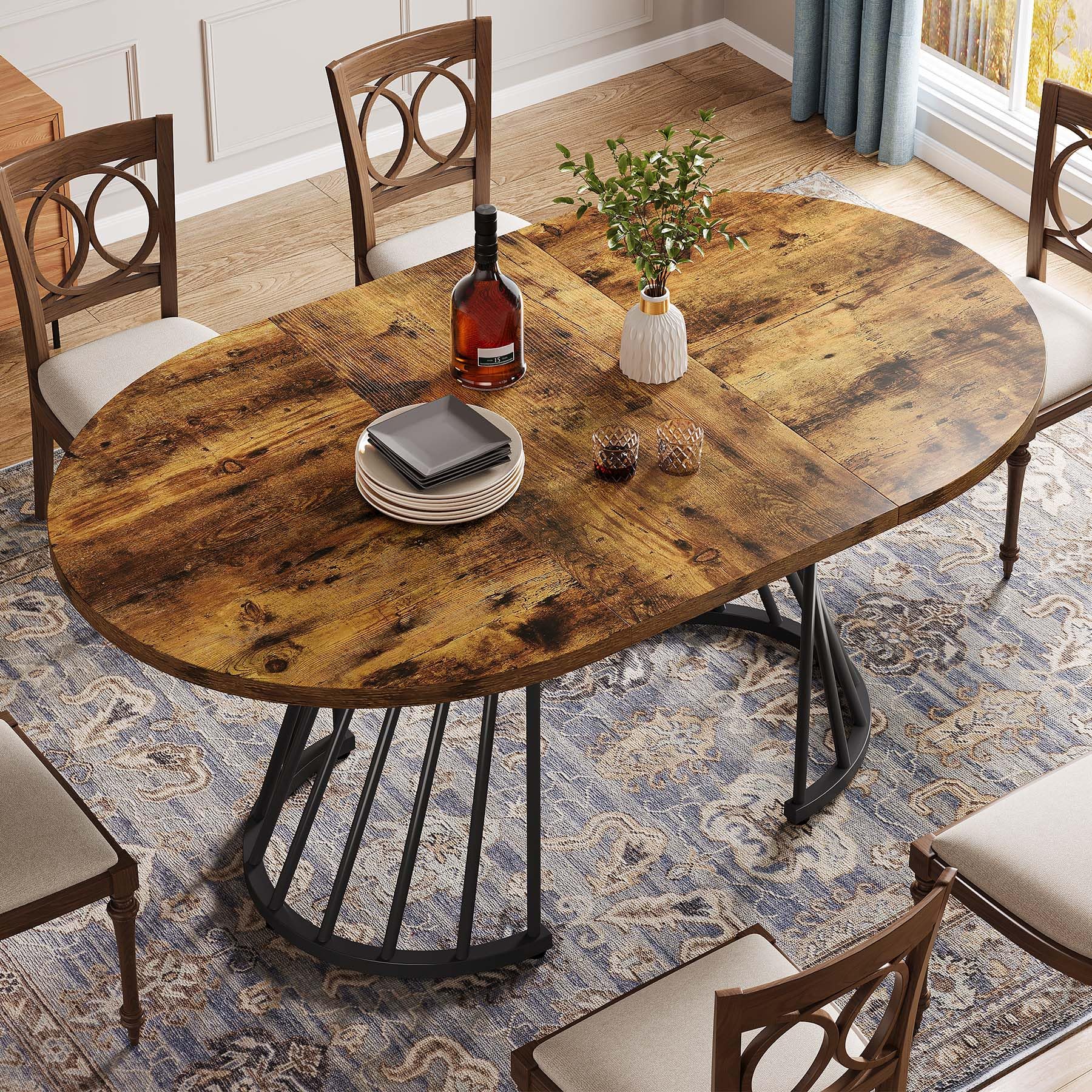 140cm Oval Dining Table Rustic Brown Farmhouse Dining Table Oval Kitchen Table for Kitchen, Dining Room