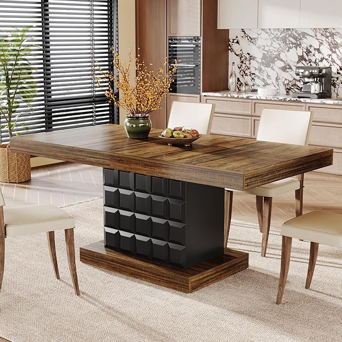 160cm Dining Table for 4-6, Modern Rectangular Dining Room Table with Geometric Relief, Pedestal Dining Kitchen Table Wooden Dinner Table for Dining Room, Kitchen, Brown and Black