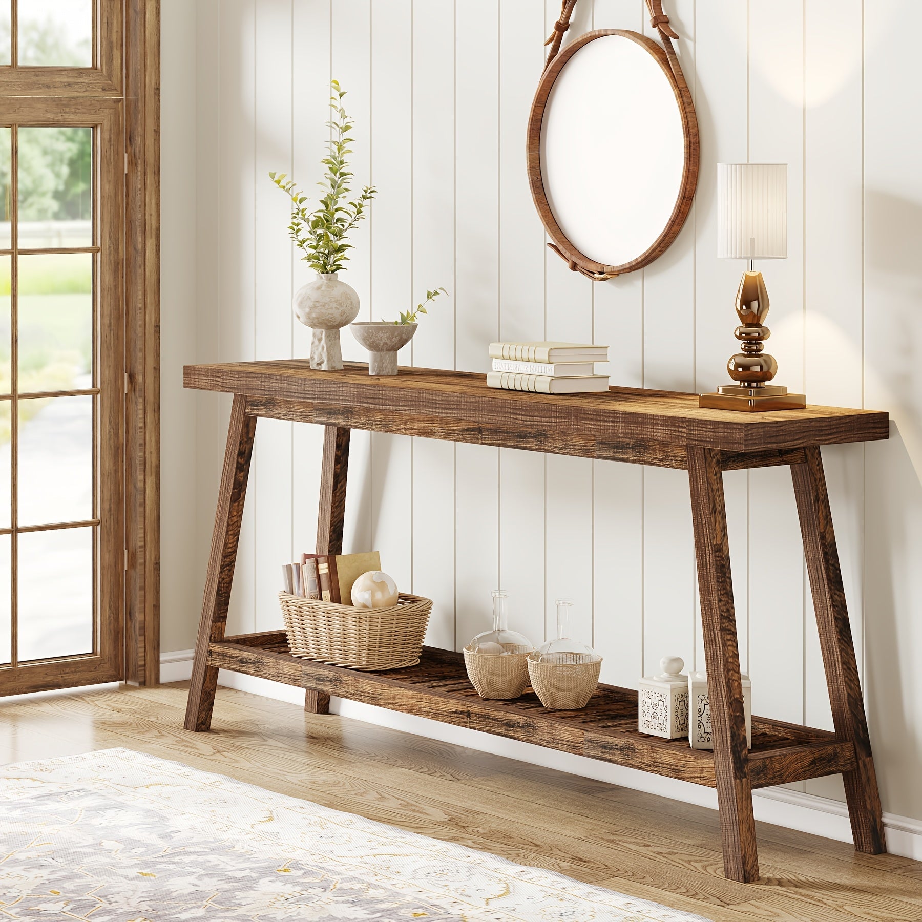 Chic Rustic Brown Farmhouse Console Table - 70.9" Long, 2-Tier Narrow Design with Ample Storage, Durable Engineered Wood Construction, Perfect for Entryway, Hallway, Living Room, or Bedroom Decor, Living Room Decor|Elegant Co