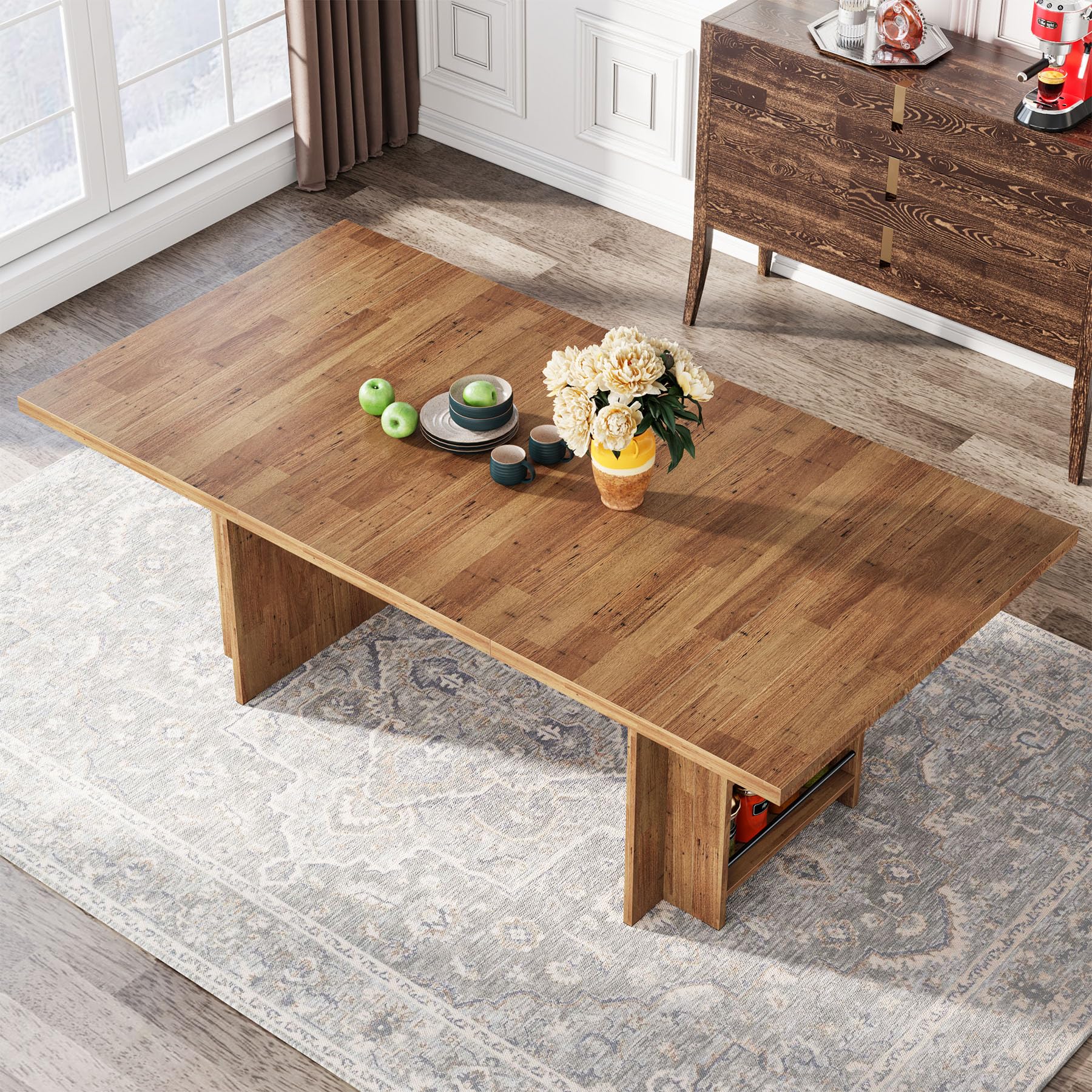 Farmhouse Dining Table for 6 to 8, 160cm Rectangular Wooden Kitchen Table with Storage, Industrial Dinner Table with Shelves for Dining Room, Kitchen, Living Room, Brown